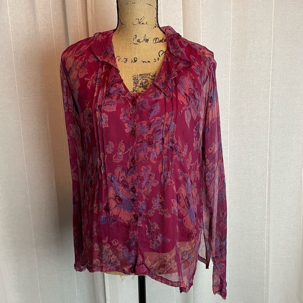 Vintage April Cornell Two Piece Blouse With Lining Maroon Floral Ruffle Sz S